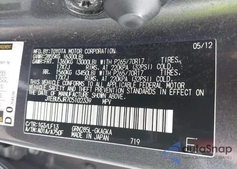 2012 Toyota 4Runner Sr5 z USA, uszkodzony, nr VIN JTEBU5JR7C5102339